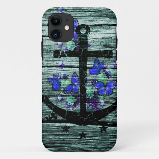 青い蝶を持つヴィンテージ木及び黒いいかり Case-Mate iPhoneケース (裏面)