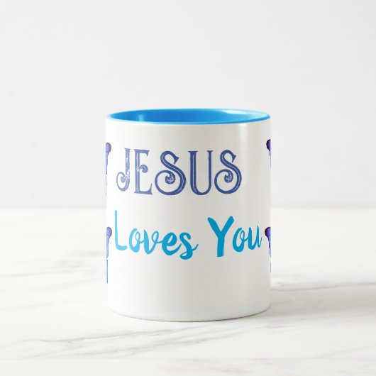 青い蝶イエスはあなたを愛している ツートーンマグカップ (中央)