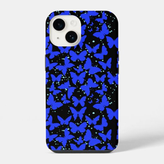 青い蝶パターンC01.b黒BG iPhoneケース (裏面)