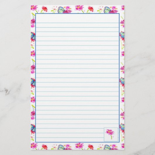 青い蝶ピンクの水色の花が並んだ 便箋 (正面)