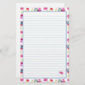 青い蝶ピンクの水色の花が並んだ 便箋 (正面/裏面)