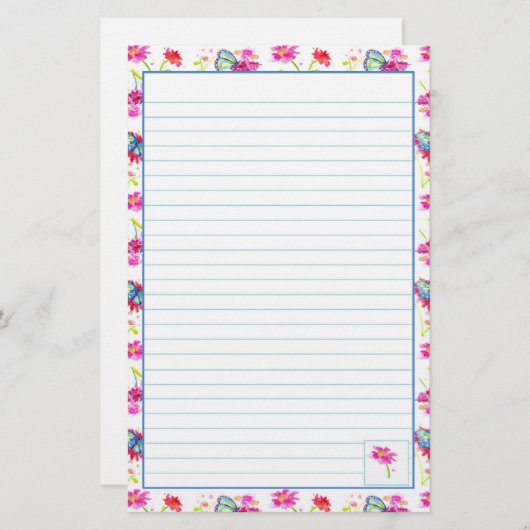 青い蝶ピンクの水色の花が並んだ 便箋 (正面/裏面)
