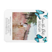 青い蝶フレーム結婚式の日付写真を保存 マグネット (横)