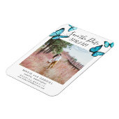 青い蝶フレーム結婚式の日付写真を保存 マグネット (左側)