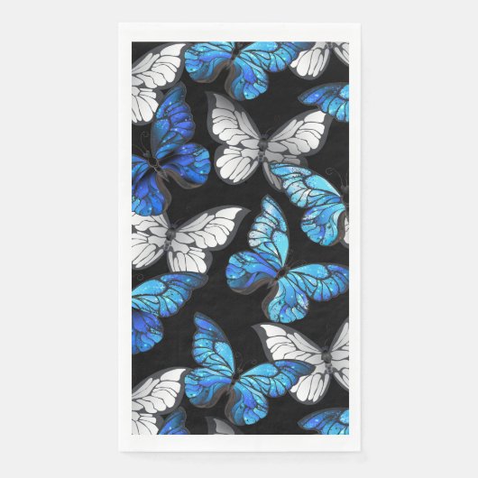青い蝶モルフォとダークシームレスパターン (正面)