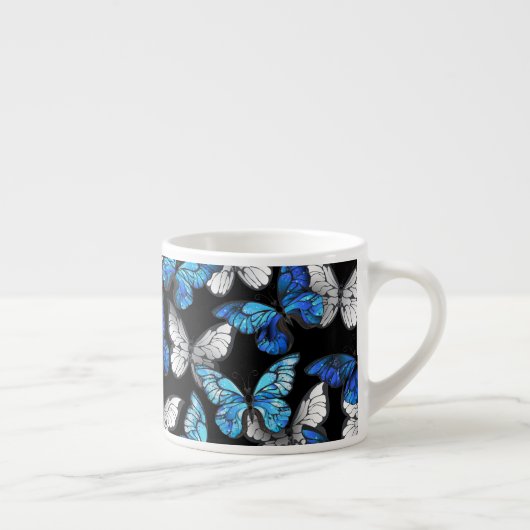 青い蝶モルフォとダークシームレスパターン エスプレッソカップ (右)