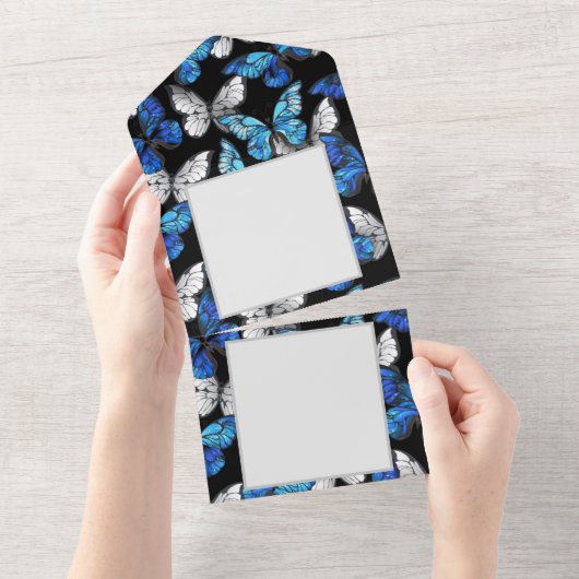 青い蝶モルフォとダークシームレスパターン オールインワン招待状 (貼ってはがせる)