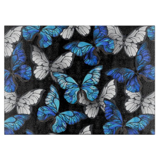 青い蝶モルフォとダークシームレスパターン カッティングボード (正面)