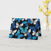 青い蝶モルフォとダークシームレスパターン カード (黄色い花)