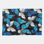 青い蝶モルフォとダークシームレスパターン キッチンタオル (横)