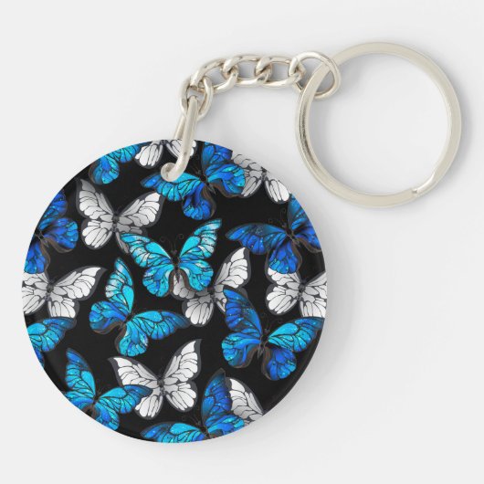 青い蝶モルフォとダークシームレスパターン キーホルダー (裏面)