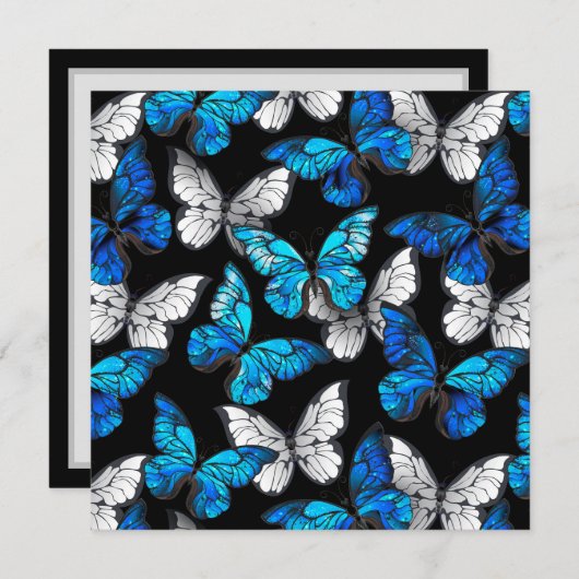 青い蝶モルフォとダークシームレスパターン サンキューカード (正面/裏面)