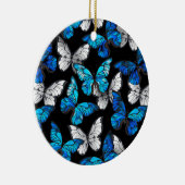 青い蝶モルフォとダークシームレスパターン セラミックオーナメント (右)