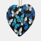青い蝶モルフォとダークシームレスパターン セラミックオーナメント (左)