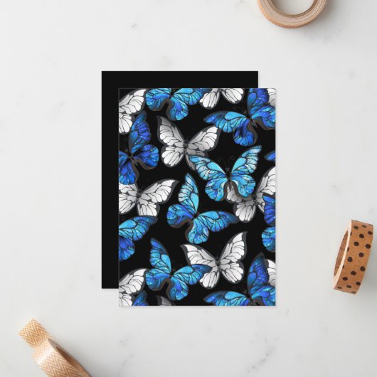 青い蝶モルフォとダークシームレスパターン ノートカード (正面/裏面インサイチュ)