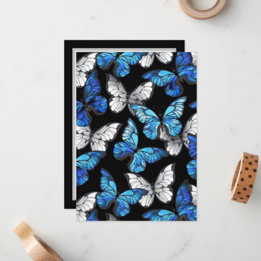 青い蝶モルフォとダークシームレスパターン ノートカード (正面/裏面インサイチュ)
