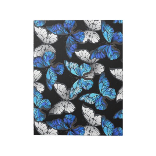 青い蝶モルフォとダークシームレスパターン ノートパッド (回転)