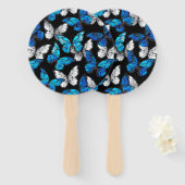 青い蝶モルフォとダークシームレスパターン ハンドファン (正面&裏面)