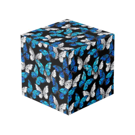 青い蝶モルフォとダークシームレスパターン フォトキューブ (正面アングル)