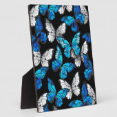 青い蝶モルフォとダークシームレスパターン フォトプラーク (側面)