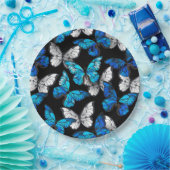 青い蝶モルフォとダークシームレスパターン ペーパープレート (パーティー)