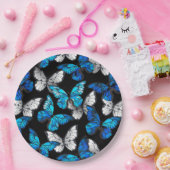 青い蝶モルフォとダークシームレスパターン ペーパープレート (パーティー)