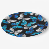青い蝶モルフォとダークシームレスパターン ペーパープレート (アングル)
