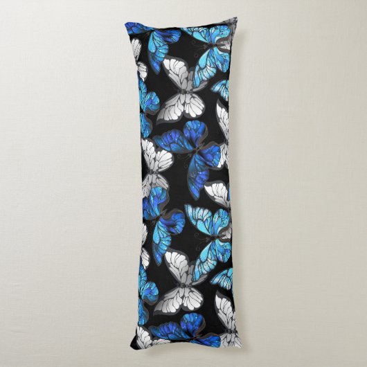 青い蝶モルフォとダークシームレスパターン ボディピロー (裏面 (縦))