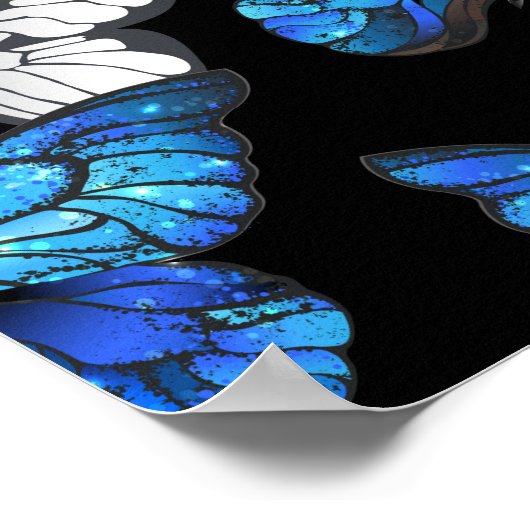 青い蝶モルフォとダークシームレスパターン ポスター (角)