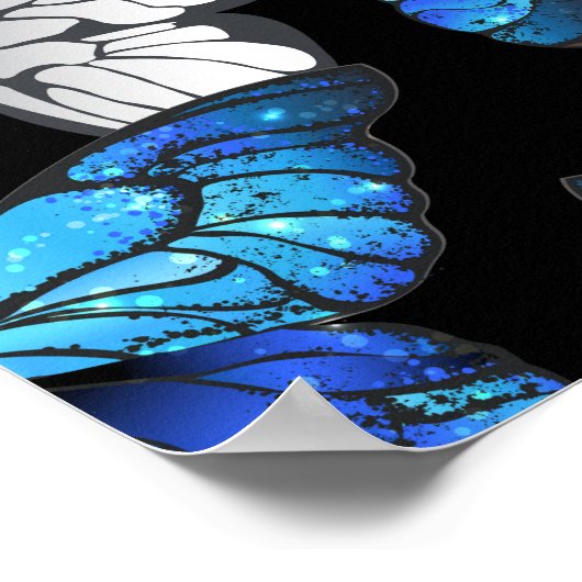 青い蝶モルフォとダークシームレスパターン ポスター (角)