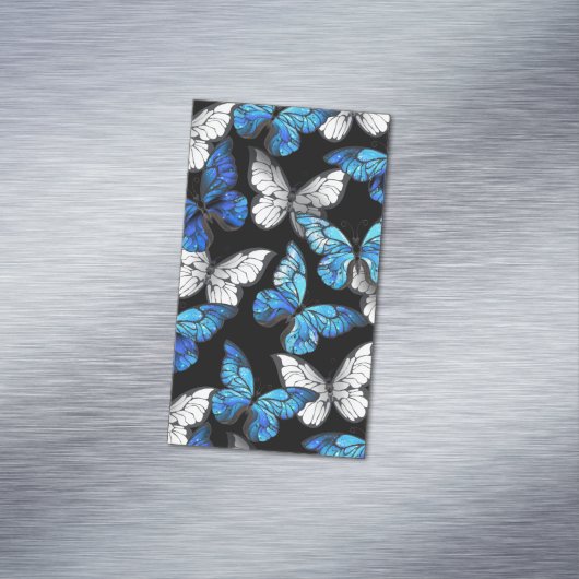 青い蝶モルフォとダークシームレスパターン マグネット名刺 (インサイチュ)