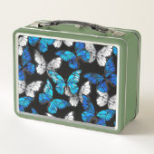 青い蝶モルフォとダークシームレスパターン メタルランチボックス (裏面)