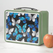 青い蝶モルフォとダークシームレスパターン メタルランチボックス (インサイチュ)