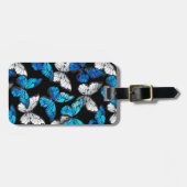 青い蝶モルフォとダークシームレスパターン ラゲッジタグ (正面横)