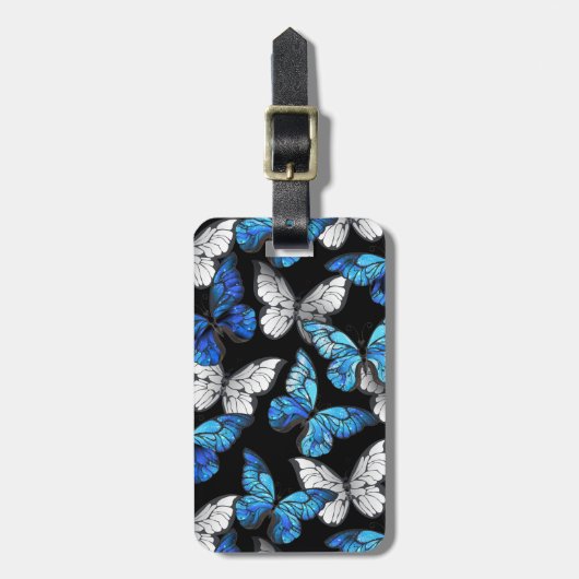 青い蝶モルフォとダークシームレスパターン ラゲッジタグ (正面縦)