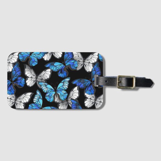 青い蝶モルフォとダークシームレスパターン ラゲッジタグ (正面横)