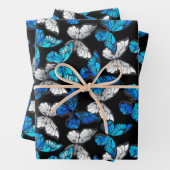 青い蝶モルフォとダークシームレスパターン ラッピングペーパーシート (インサイチュ)