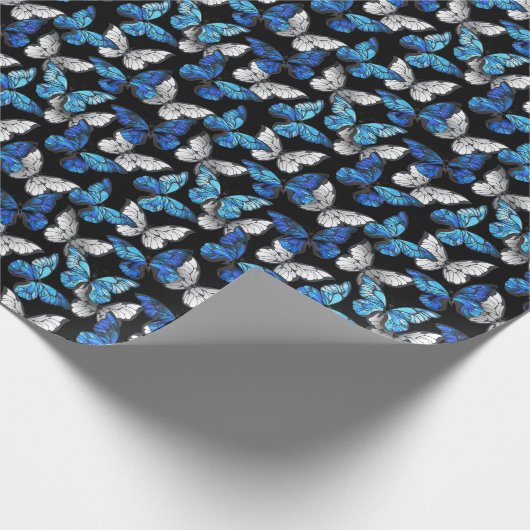 青い蝶モルフォとダークシームレスパターン ラッピングペーパー (角)
