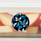 青い蝶モルフォとダークシームレスパターン ラベル (貼付)