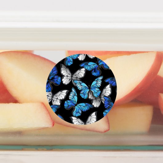 青い蝶モルフォとダークシームレスパターン ラベル (貼付)