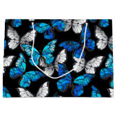 青い蝶モルフォとダークシームレスパターン ラージペーパーバッグ (正面)