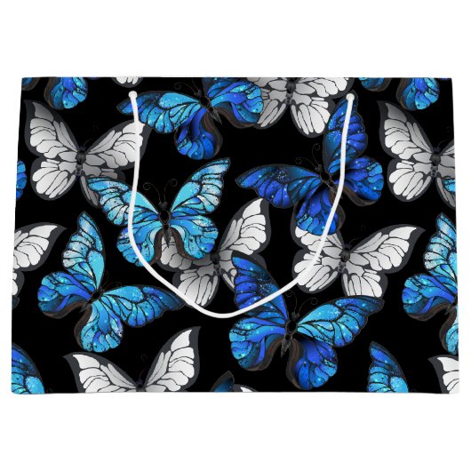 青い蝶モルフォとダークシームレスパターン ラージペーパーバッグ (正面)