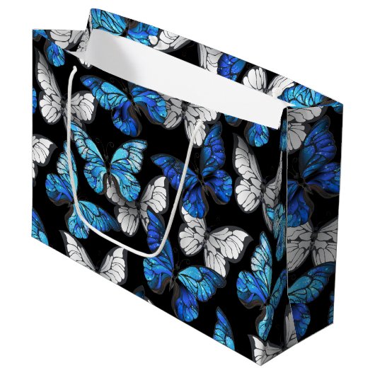 青い蝶モルフォとダークシームレスパターン ラージペーパーバッグ (正面アングル)