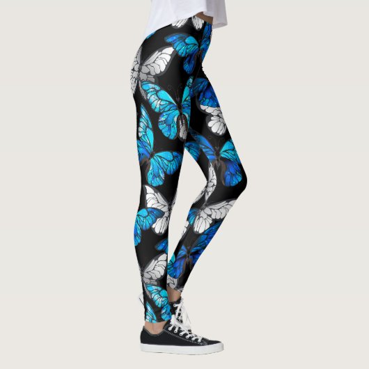 青い蝶モルフォとダークシームレスパターン レギンス (右)