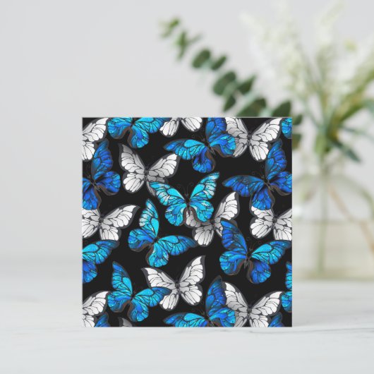 青い蝶モルフォとダークシームレスパターン 招待状 (スタンド正面)