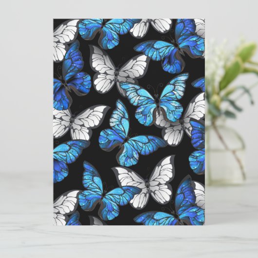 青い蝶モルフォとダークシームレスパターン 招待状 (スタンド正面)