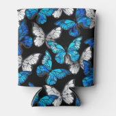 青い蝶モルフォとダークシームレスパターン 缶クーラー (正面)
