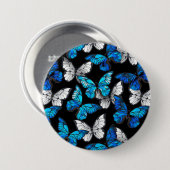 青い蝶モルフォとダークシームレスパターン 缶バッジ (正面&裏面)