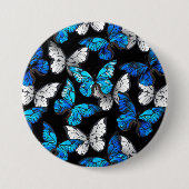 青い蝶モルフォとダークシームレスパターン 缶バッジ (正面)