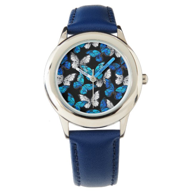 青い蝶モルフォとダークシームレスパターン 腕時計 (正面)